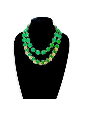 TALBOTS | Kelly Green Stone w Gold Flower Accents Statement Necklace | NWOT